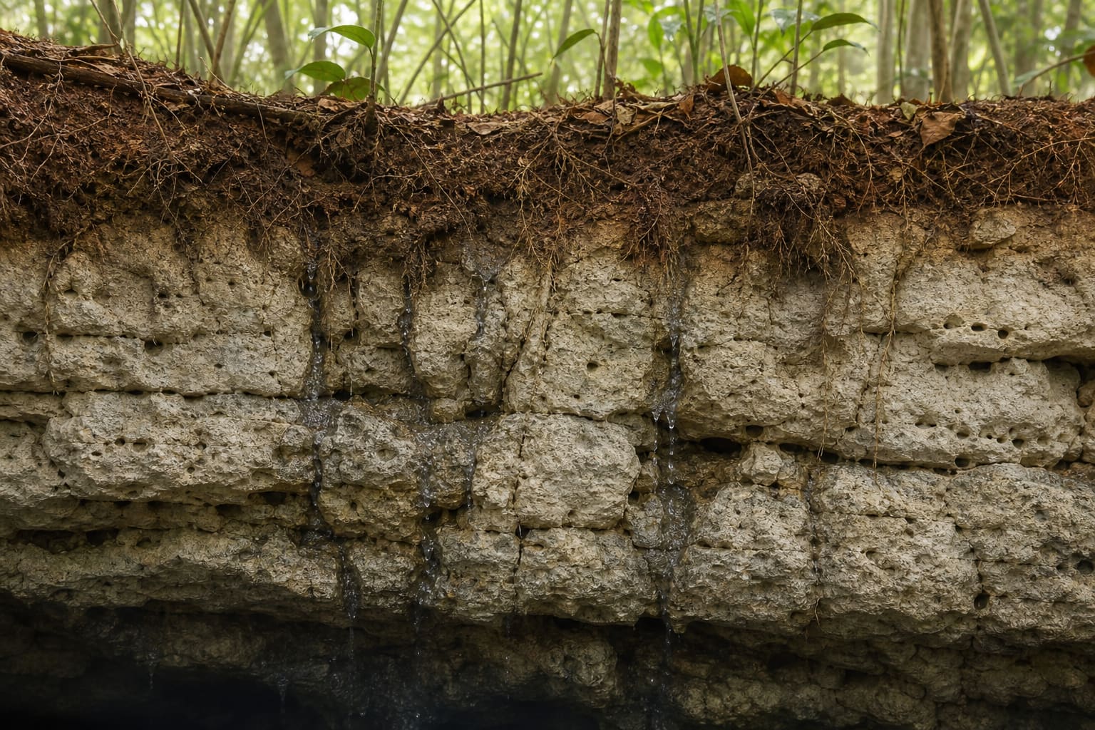 Sección conceptual de suelo, raíces y roca caliza porosa por donde se infiltra el agua