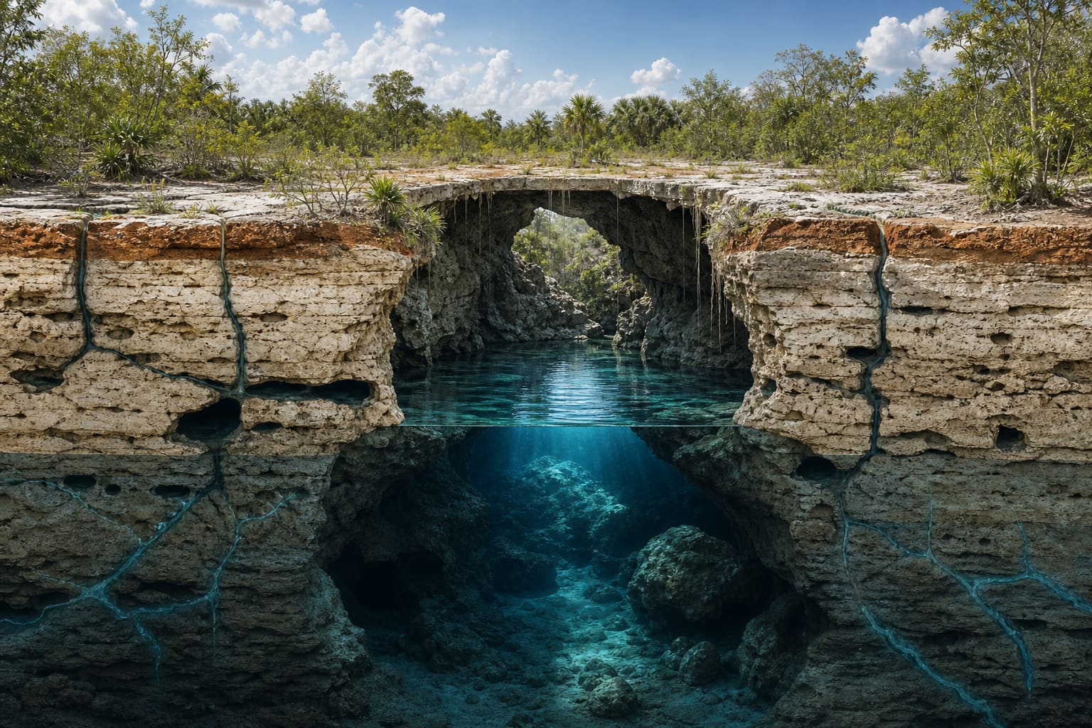 Corte geológico conceptual de un cenote y el acuífero