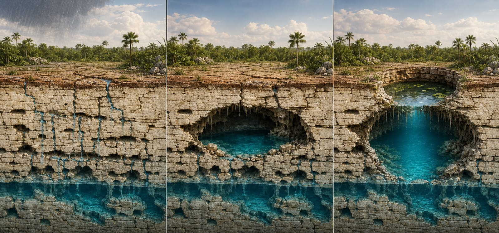 Secuencia conceptual en tres etapas: infiltración, crecimiento de una cavidad y apertura de un cenote