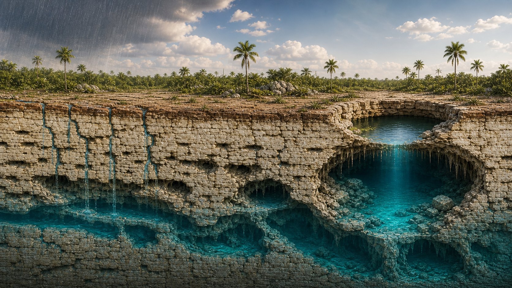 Sección geológica conceptual continua: lluvia infiltrándose en la caliza, cavidades con agua subterránea y un cenote abierto por el colapso de la bóveda