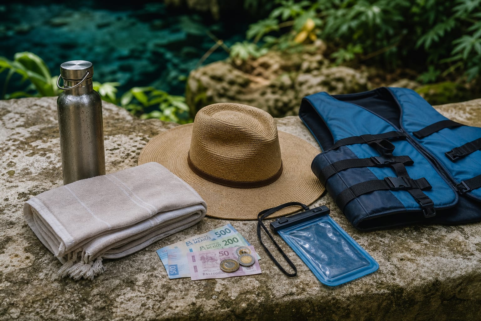 Elementos útiles para una visita a un cenote: agua, sombrero, toalla y chaleco