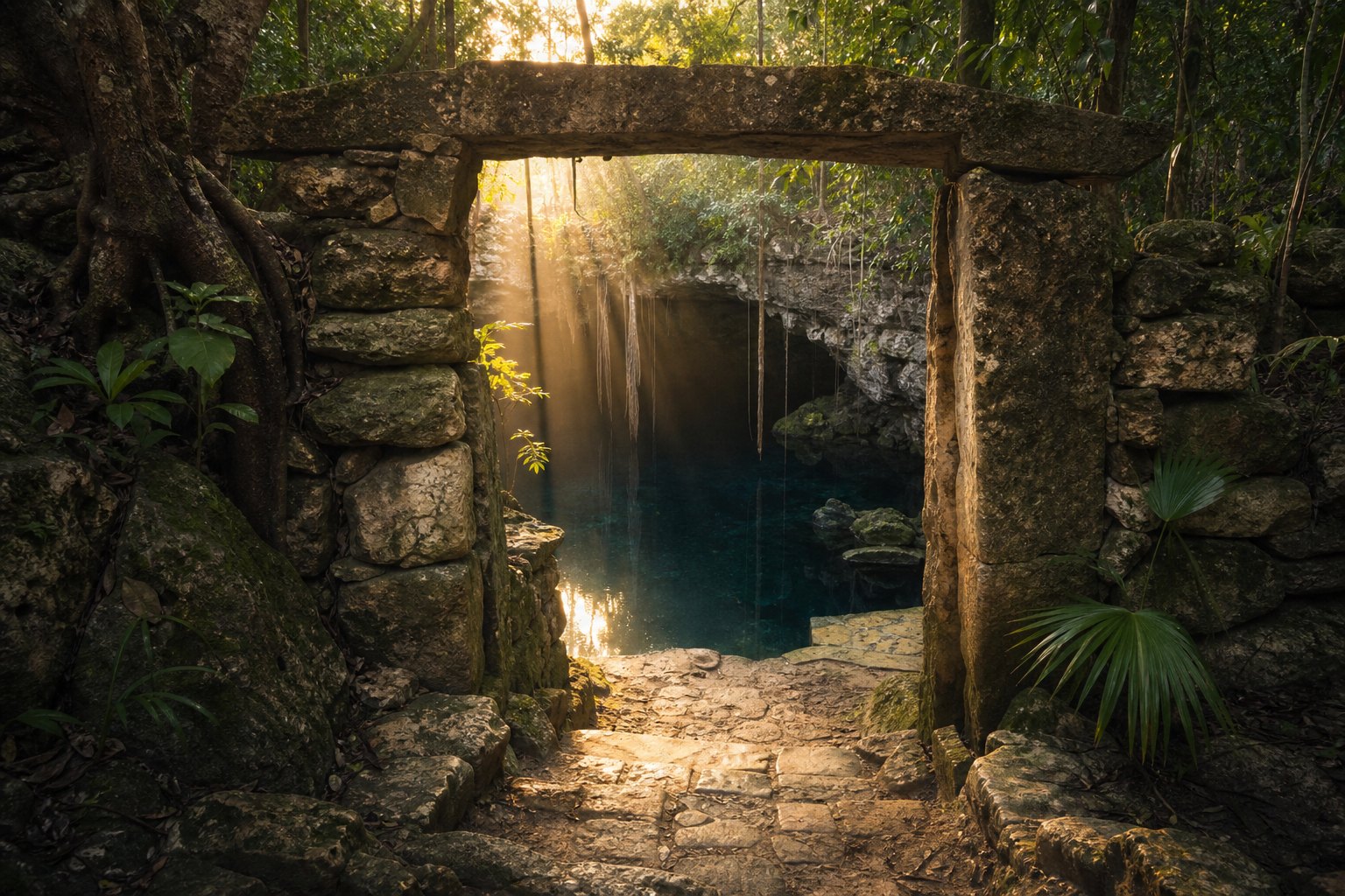 Entrada de piedra rodeada de selva junto al agua de un cenote